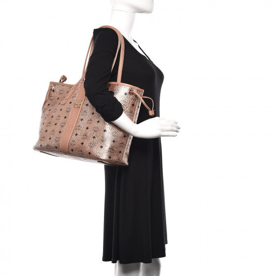 MCM Medium Liz Reversible Diamond Visetos Metallic Champagne Gold Tote with Pouch