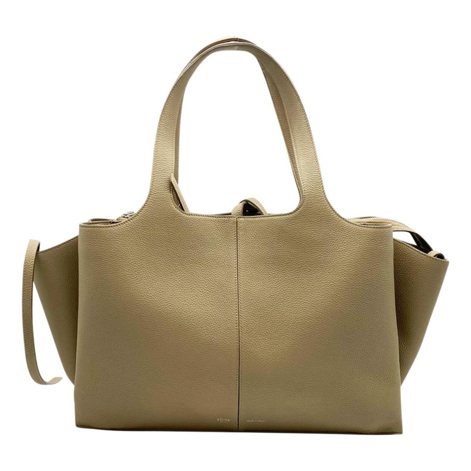 Céline Tri-Fold Grained Calfskin Medium Beige Leather Shoulder Bag