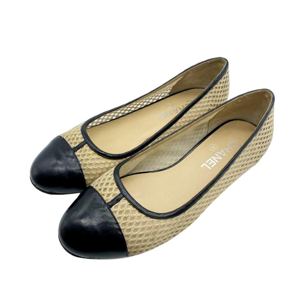 Chanel Beige Cap Toe Ballerina Woven Mesh Black Flats