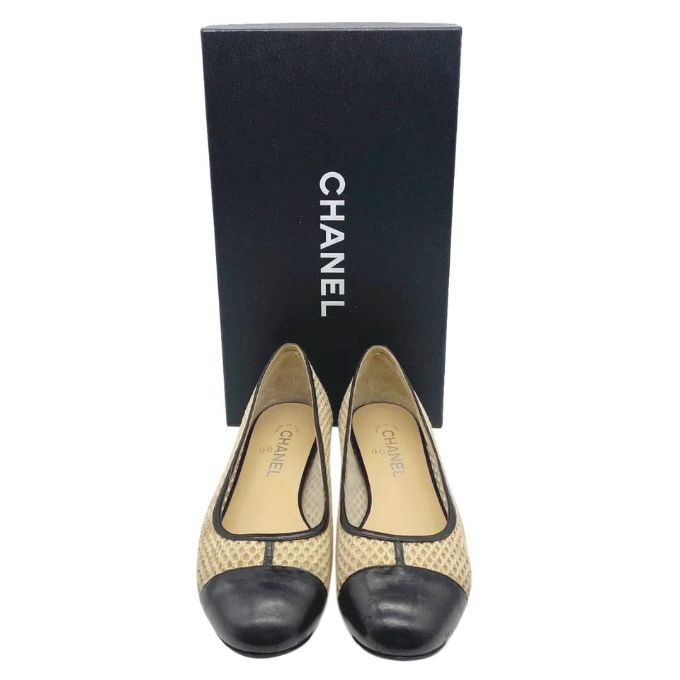 Chanel Beige Cap Toe Ballerina Woven Mesh Black Flats
