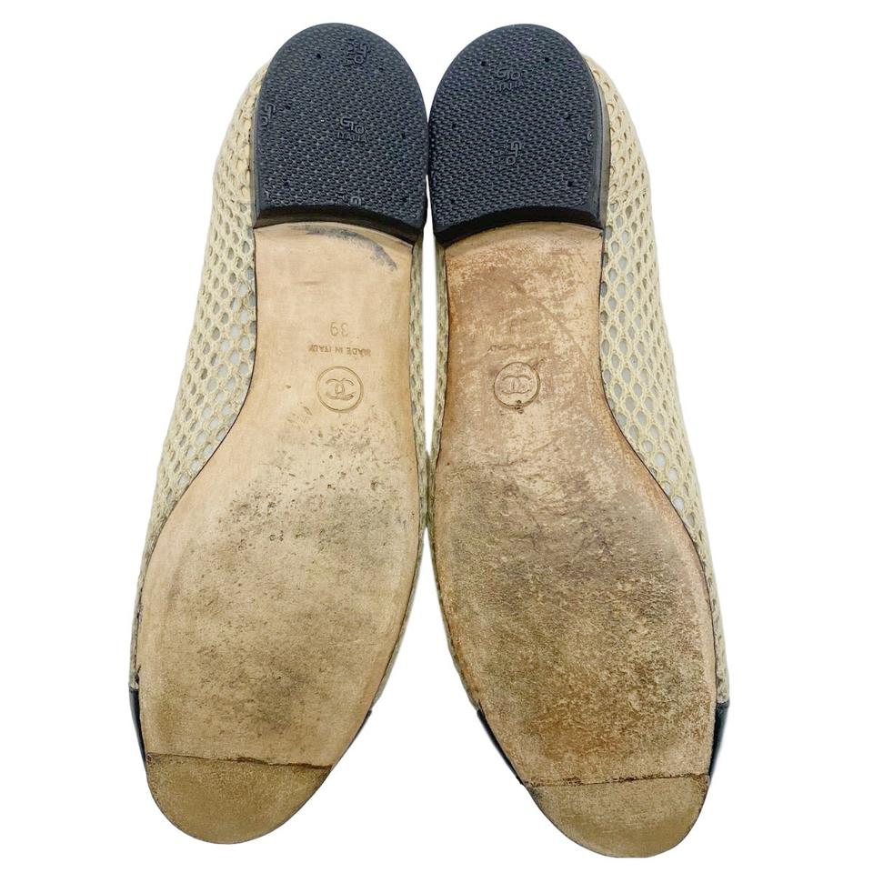 Chanel Beige Cap Toe Ballerina Woven Mesh Black Flats