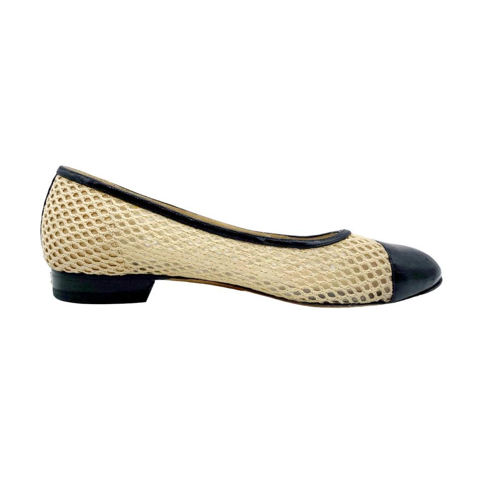 Chanel Beige Cap Toe Ballerina Woven Mesh Black Flats