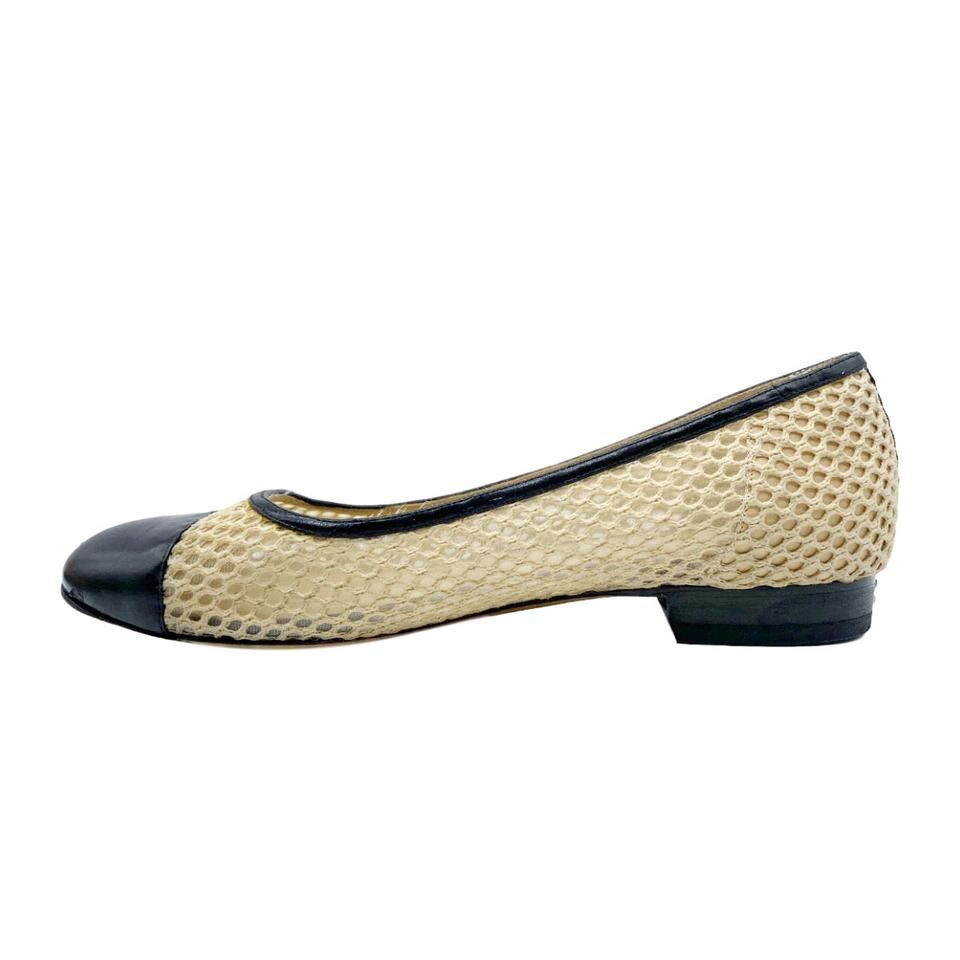 Chanel Beige Cap Toe Ballerina Woven Mesh Black Flats