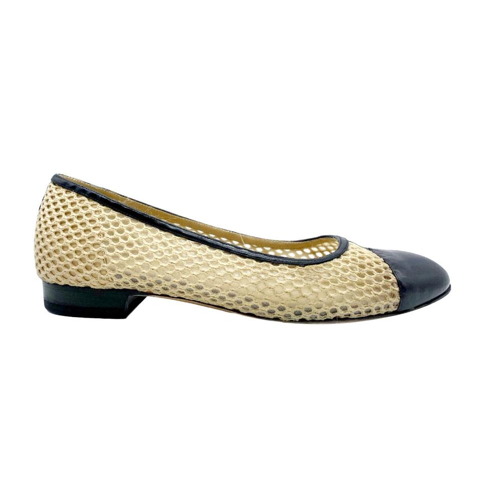 Chanel Beige Cap Toe Ballerina Woven Mesh Black Flats
