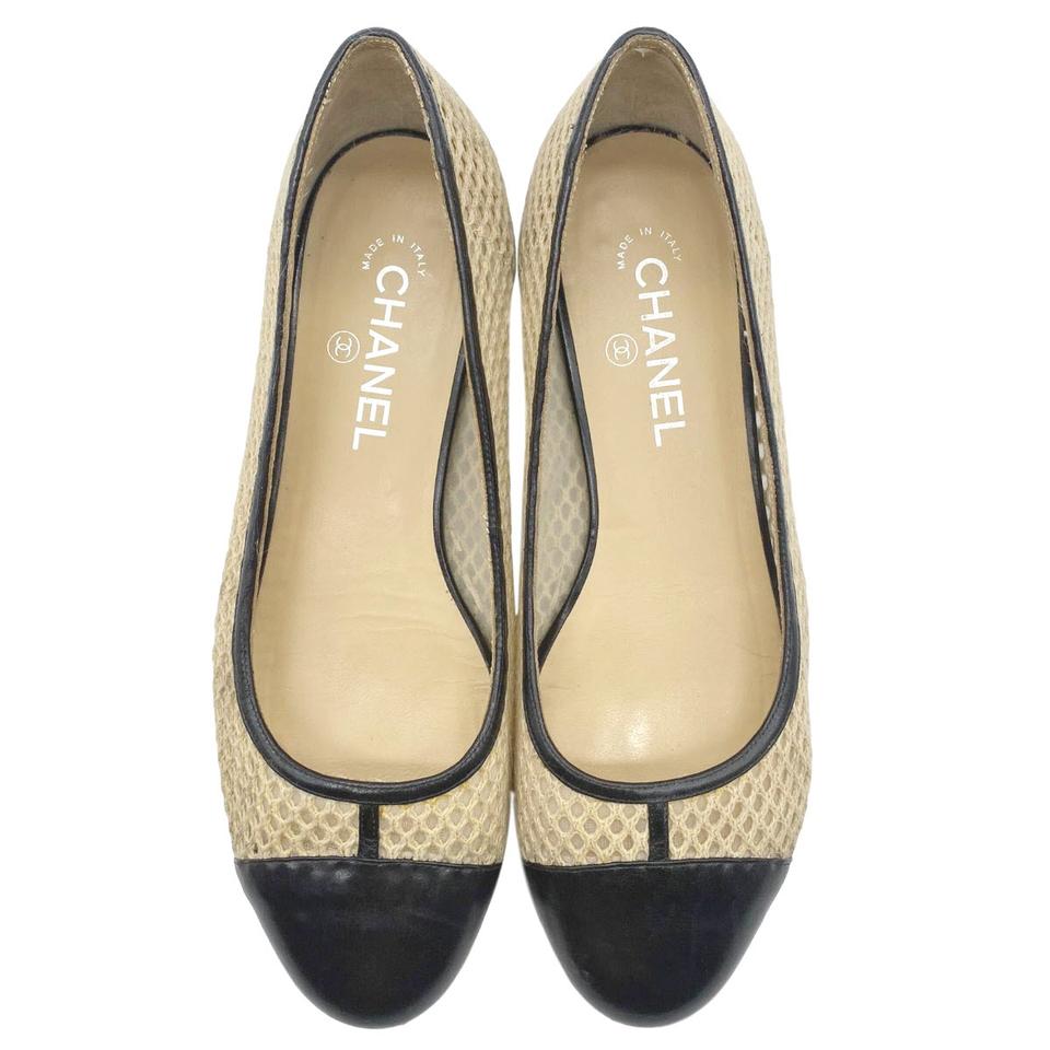Chanel Beige Cap Toe Ballerina Woven Mesh Black Flats