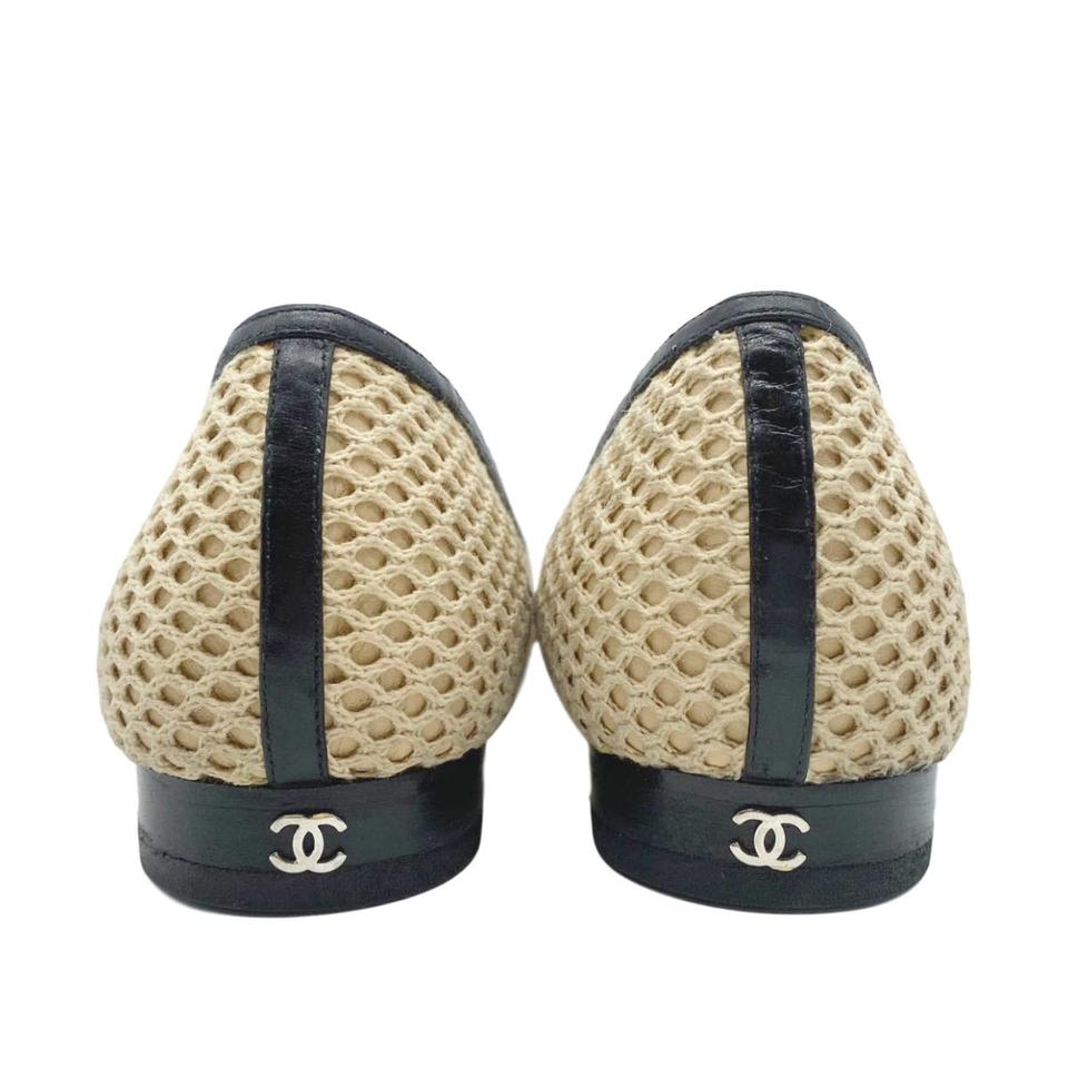 Chanel Beige Cap Toe Ballerina Woven Mesh Black Flats