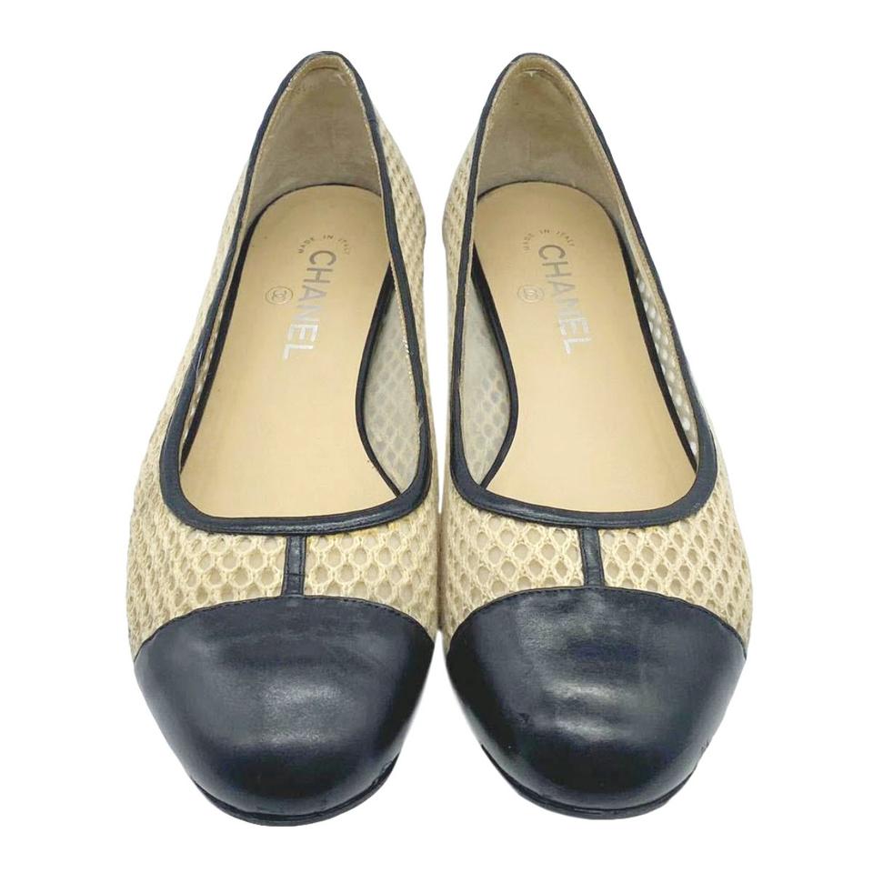 Chanel Beige Cap Toe Ballerina Woven Mesh Black Flats