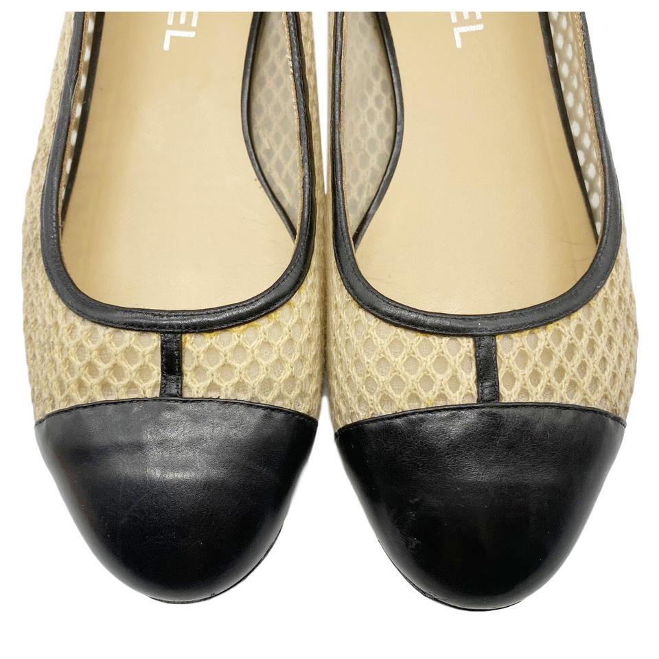 Chanel Beige Cap Toe Ballerina Woven Mesh Black Flats