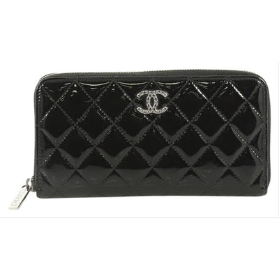 Chanel Black Brilliant Zip Around Quilted Long Patent Leather Wallet