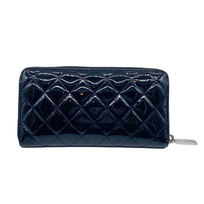 Chanel Black Brilliant Zip Around Quilted Long Patent Leather Wallet