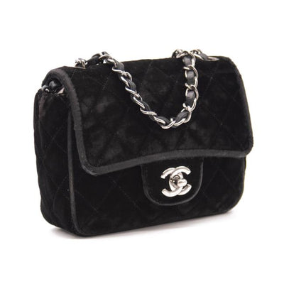 Chanel Classic Quilted Mini Square Flap Cc Logo Black Velvet Shoulder Bag