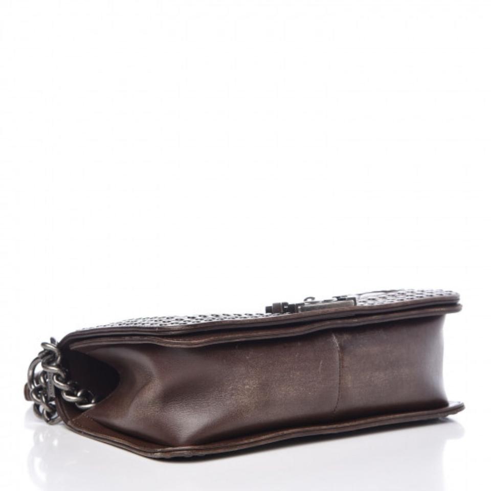 Chanel Handbag Boy Faded Quilted Medium Studded Flap Beige Brown Calfskin Leather Shoulder Bag