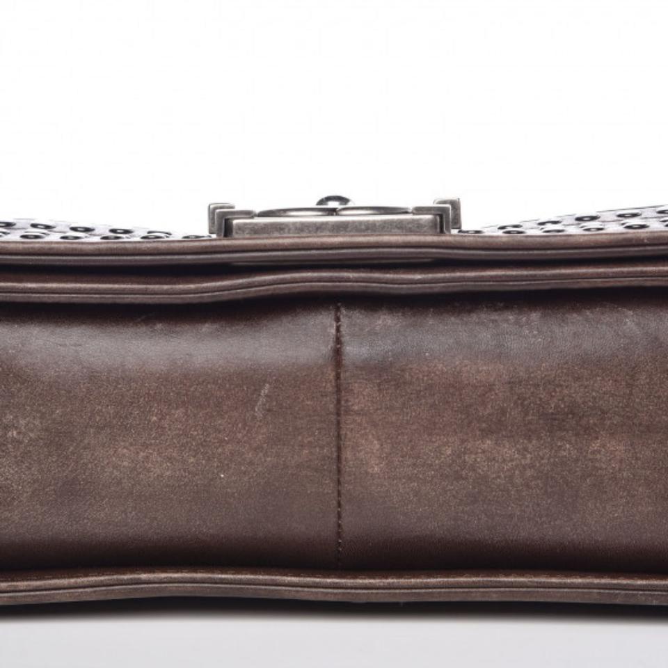 Chanel Handbag Boy Faded Quilted Medium Studded Flap Beige Brown Calfskin Leather Shoulder Bag