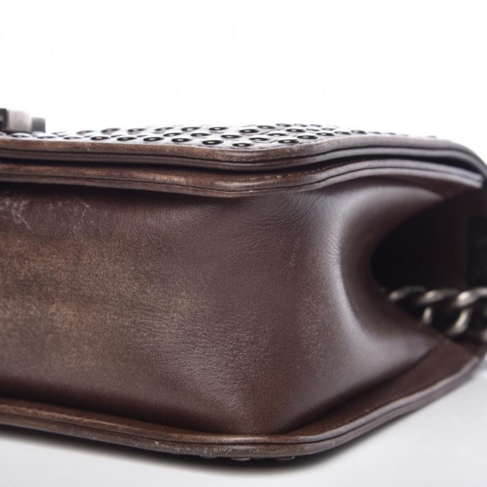 Chanel Handbag Boy Faded Quilted Medium Studded Flap Beige Brown Calfskin Leather Shoulder Bag