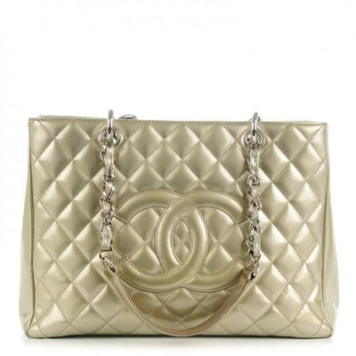 Chanel Shopping Quilted Grand Gst Gold Patent Leather Tote