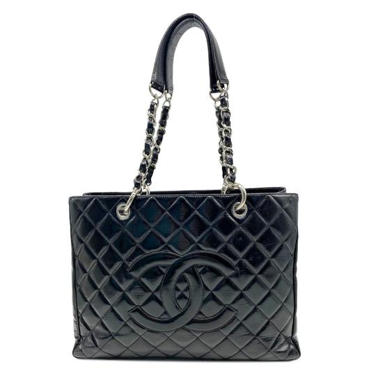 Chanel Shopping Tote Quilted Grand Gst Black Patent Leather Shoulder Bag