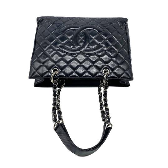 Chanel Shopping Tote Quilted Grand Gst Black Patent Leather Shoulder Bag