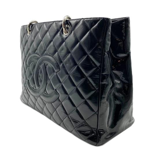 Chanel Shopping Tote Quilted Grand Gst Black Patent Leather Shoulder Bag