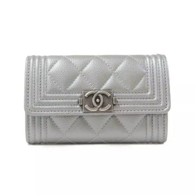 Chanel Silver Boy Metallic Caviar Quilted Card Holder Wallet