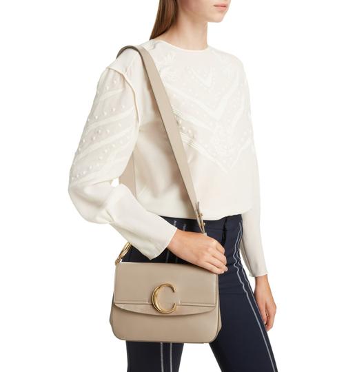 Chloé Small C Suede Trimmed Motty Grey Leather Shoulder Bag