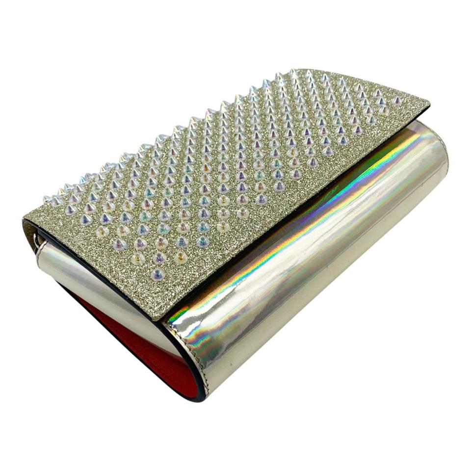 Christian Louboutin Clutch Mini Paloma Studded Glitter Gold Leather Shoulder Bag