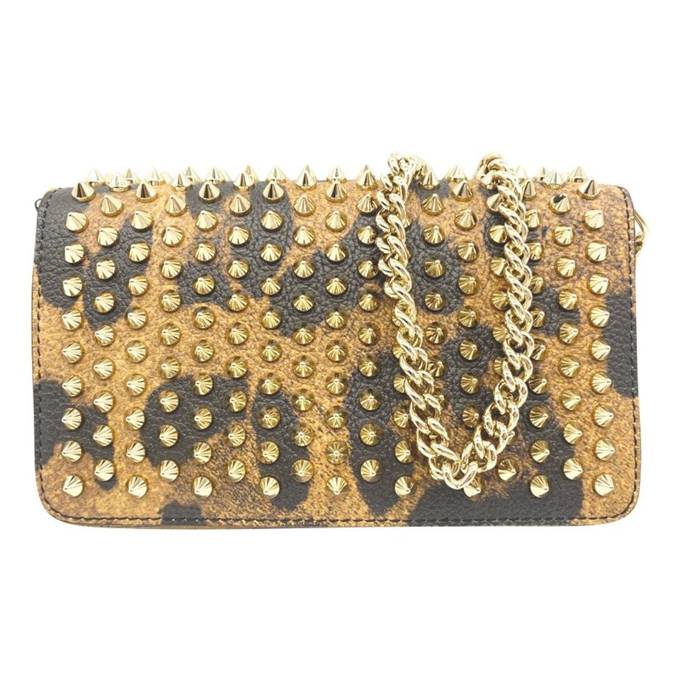 Christian Louboutin Clutch Zoomi Leopard-print and Spike Brown Leather Shoulder Bag