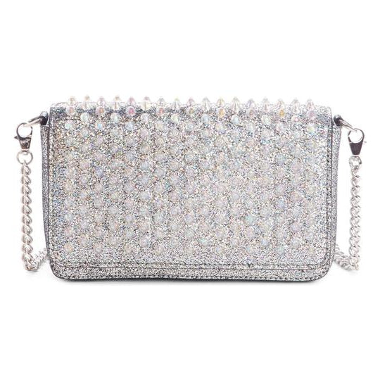 Christian Louboutin Clutch Zoompouch Crystal Embellished Silver Leather Cross Body Bag
