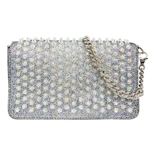 Christian Louboutin Clutch Zoompouch Crystal Embellished Silver Leather Cross Body Bag