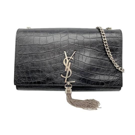 Saint Laurent Monogram Kate Crocodile Embossed Calfskin Medium Classic Tassel Black Leather Shoulder Bag