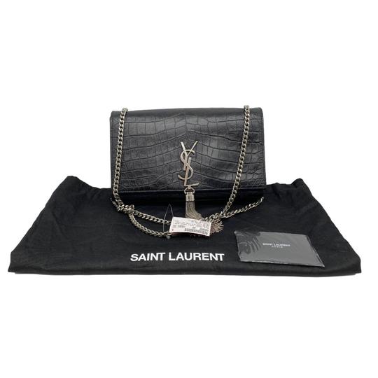 Saint Laurent Monogram Kate Crocodile Embossed Calfskin Medium Classic Tassel Black Leather Shoulder Bag