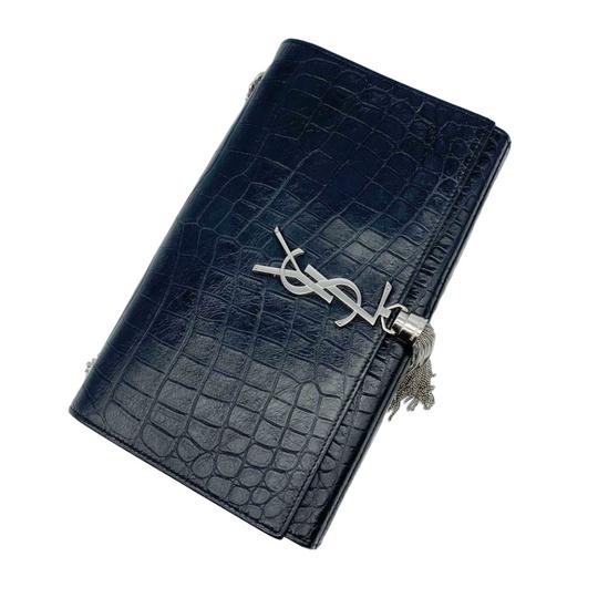 Saint Laurent Monogram Kate Crocodile Embossed Calfskin Medium Classic Tassel Black Leather Shoulder Bag