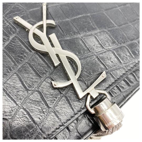 Saint Laurent Monogram Kate Crocodile Embossed Calfskin Medium Classic Tassel Black Leather Shoulder Bag