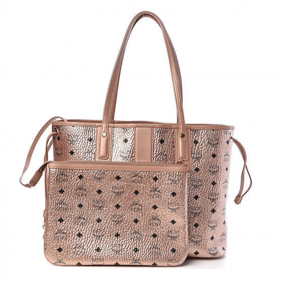 MCM Medium Liz Reversible Diamond Visetos Metallic Champagne Gold Tote with Pouch