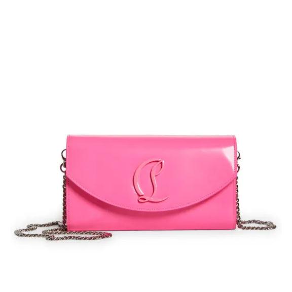 NEW Christian Louboutin Loubi54 Leather Wallet on a Chain Fluo Pink