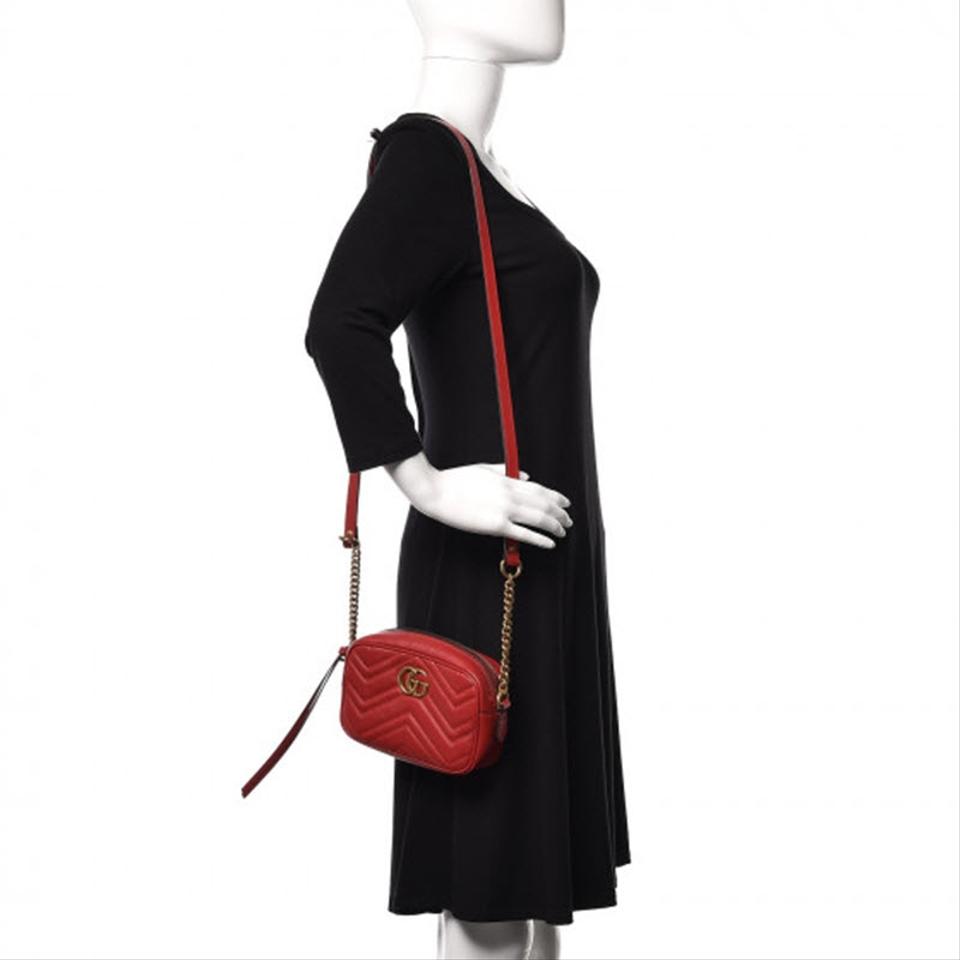 Gucci Chain Marmont Calfskin Matelasse Mini Gg Hibiscus Red Leather Shoulder Bag