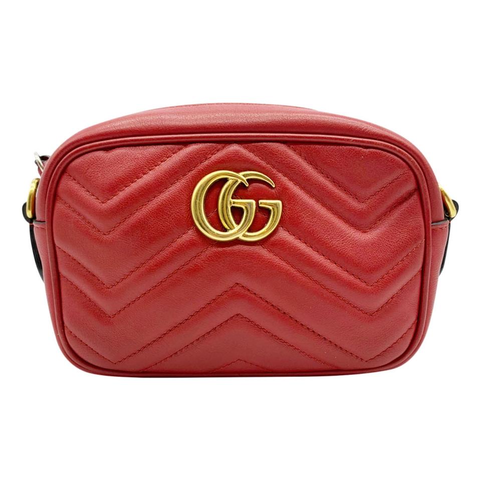 Gucci Chain Marmont Calfskin Matelasse Mini Gg Hibiscus Red Leather Shoulder Bag