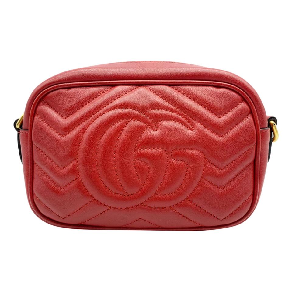 Gucci Chain Marmont Calfskin Matelasse Mini Gg Hibiscus Red Leather Shoulder Bag