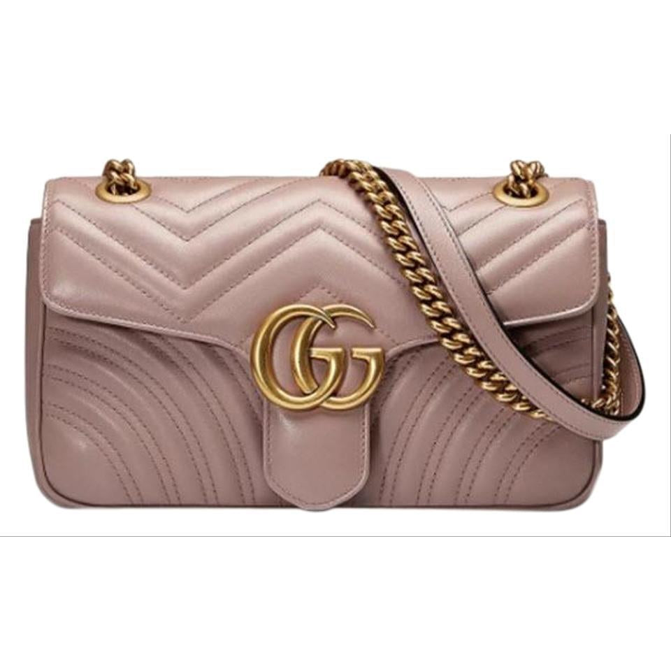 Gucci GG Marmont Small Quilted Shoulder Chain Antique Rose Beige Leather Cross Body Bag