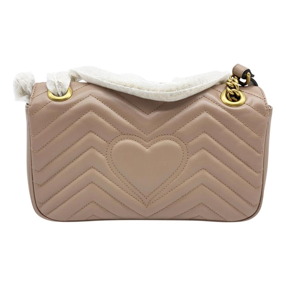 Gucci GG Marmont Small Quilted Shoulder Chain Antique Rose Beige Leather Cross Body Bag