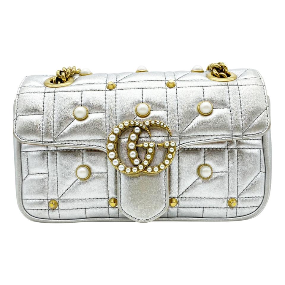 Gucci Marmont Metallic Matelasse Pearly Mini Gg Silver Leather Shoulder Bag