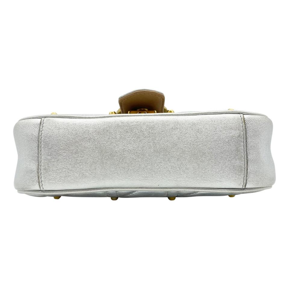 Gucci Marmont Metallic Matelasse Pearly Mini Gg Silver Leather Shoulder Bag