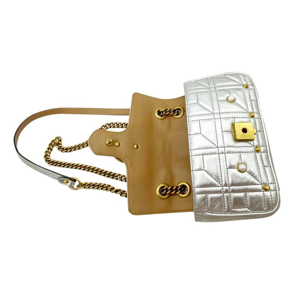 Gucci Marmont Metallic Matelasse Pearly Mini Gg Silver Leather Shoulder Bag