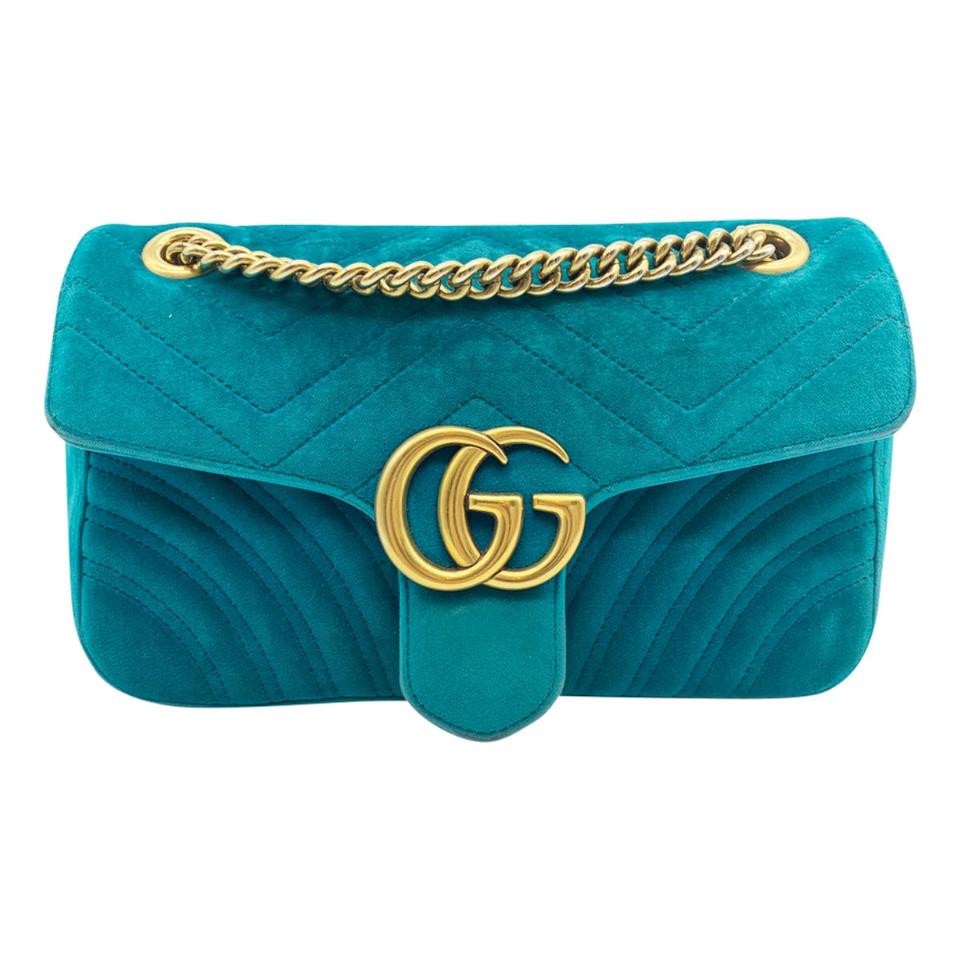 Gucci Marmont Matelasse Small Gg Petrol Blue Velvet Shoulder Bag