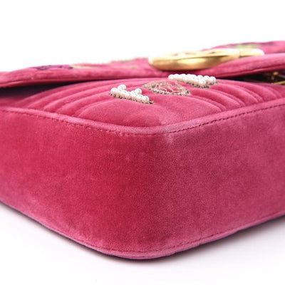 Gucci Marmont Embroidered Blind For Love Pink Velvet Cross Body Bag