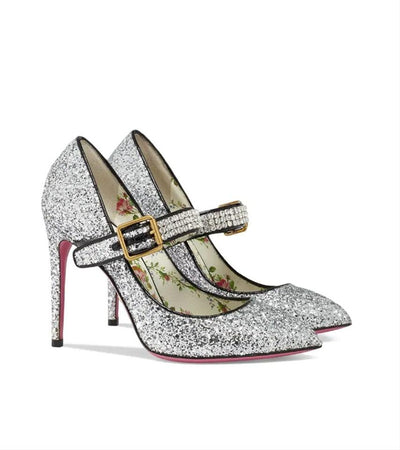 Gucci Silver Sylvie Crystal-embellished Glittered Leather In Pumps Size 39