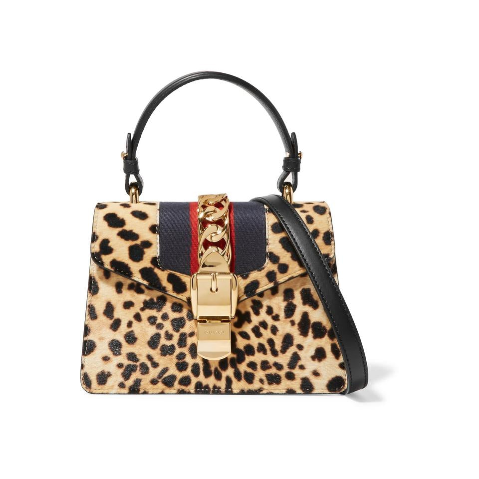 Gucci Sylvie Mini Leather-trimmed Calf Hair Leopard Black Cross Body Bag