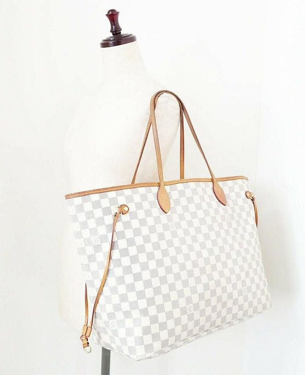 Louis Vuitton Neverfull Bag Gm Damier Azur Purse White Leather