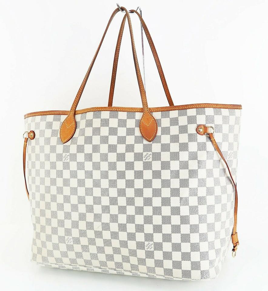 Louis Vuitton Neverfull Bag Gm Damier Azur Purse White Leather and Canvas Tote