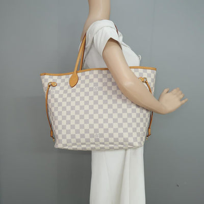 Louis Vuitton Neverfull Mm Rose Ballerine White Damier Azur Canvas Shoulder Bag