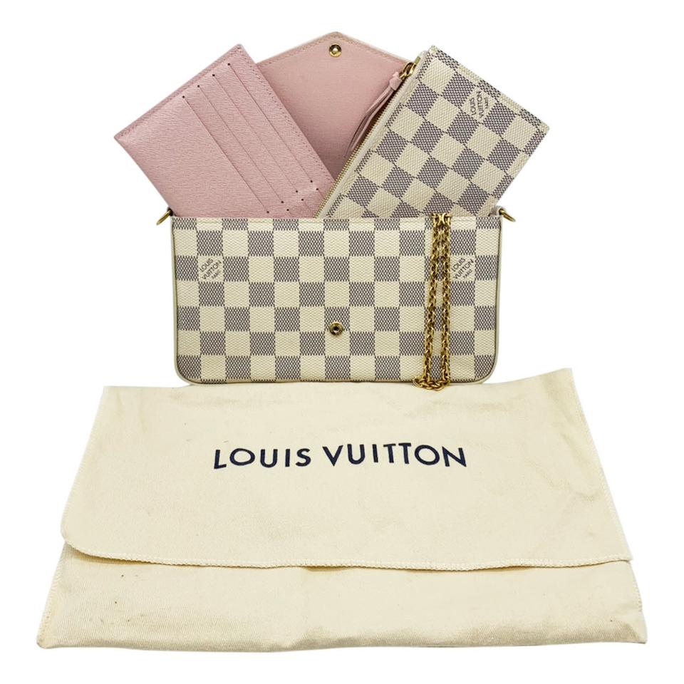 Louis Vuitton Pochette Felicie Chain Wallet Rose Ballerine White Damier Azur Canvas Cross Body Bag